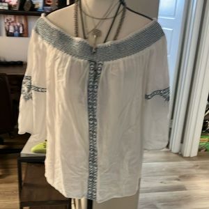 White and blue embroidery rayon off shoulder blouse C